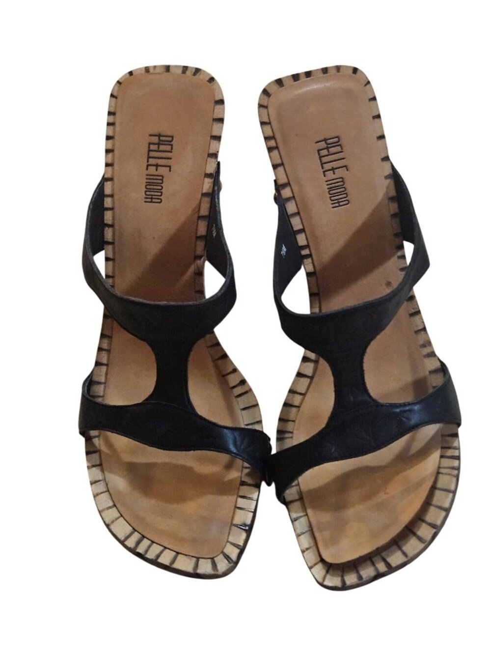 Pelle Moda Black Leather Strappy Sandals With Wood Pattern Heel - Womens Size 7.